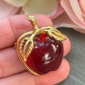 Anne Klein Red Lucite Apple Brooch with Gold Accents
